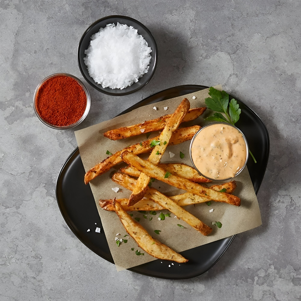 Seasoned fries with a side of creamy sauce, paprika, and sea salt on a black plate.