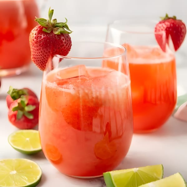 Two glasses of Yallah Taco's strawberry margarita with lime slices and fresh strawberries.