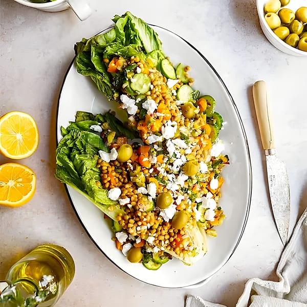Two lettuce wraps filled with lentils, vegetables, feta, and olives, with lemons and oil nearby.